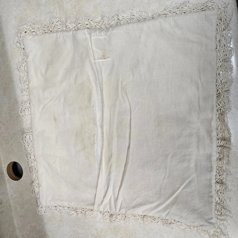 Vintage Handmade Quilted Star Pillow Sham Orange White Crochet Lace Trim 18x18
